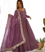 Premium chanderi silk emroidery sequence   work lavender readymade salwar suit