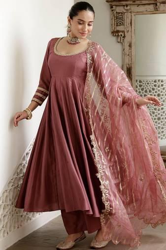 Premium roman silk  embroidery and sequence work mauve pink  readymade salwar suit