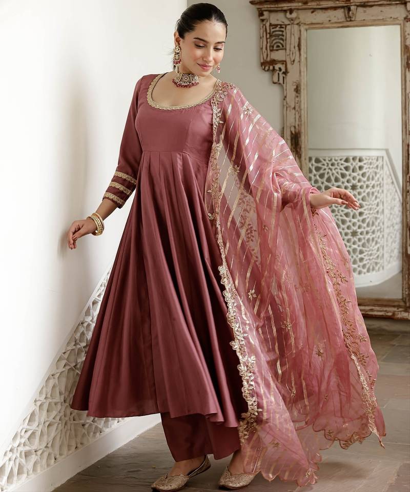 Premium roman silk  embroidery and sequence work mauve pink  readymade salwar suit