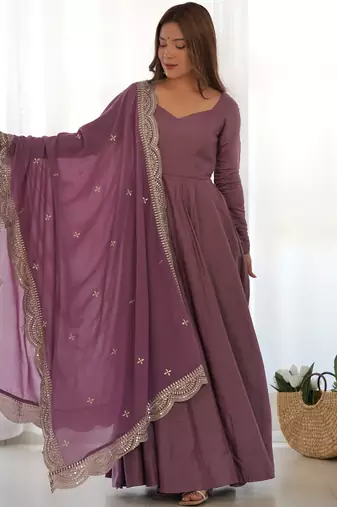 Premium chanderi silk emroidery sequence   work lavender readymade salwar suit