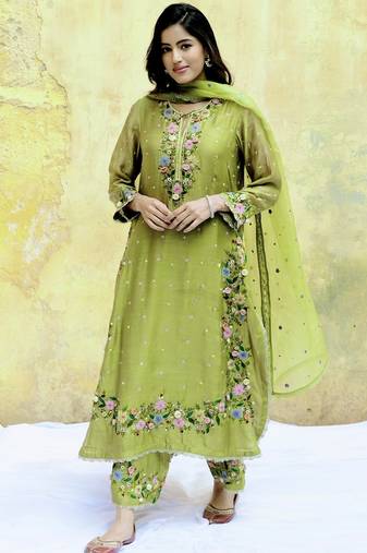 Trendy faux georgette embroidery and sequence work olive green readymade salwar suit