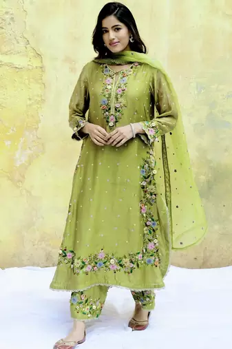 Trendy faux georgette embroidery and sequence work olive green readymade salwar suit