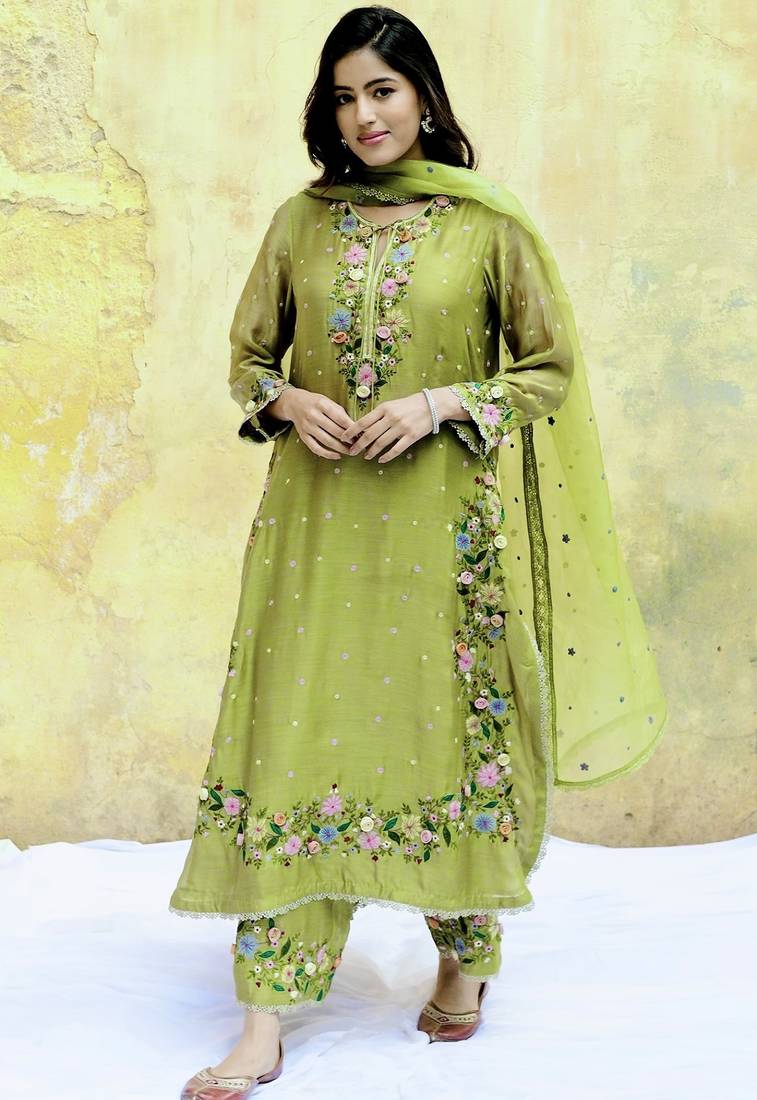 Trendy faux georgette embroidery and sequence work olive green readymade salwar suit