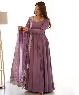 Premium chanderi silk emroidery sequence   work lavender readymade salwar suit 3
