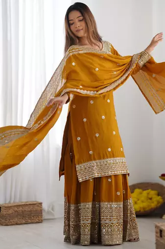 Heavy chinon silk embroidery and sequence work yellow readymade salwar suit