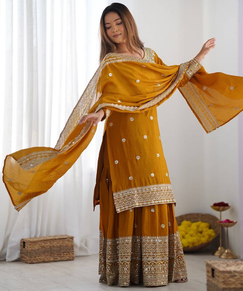 Heavy chinon silk embroidery and sequence work yellow readymade salwar suit