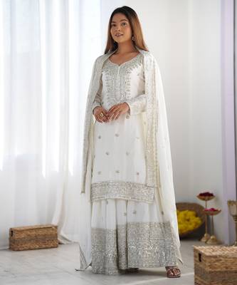 Heavy chinon silk embroidery and sequence work white readymade salwar suit 1