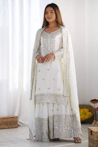 Heavy chinon silk embroidery and sequence work white readymade salwar suit