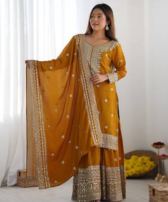 Heavy chinon silk embroidery and sequence work yellow readymade salwar suit 2