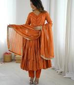 Premium  heavy  chanderi silk embroidery and sequence work rust readymade ethnic  gown