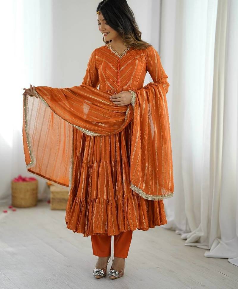 Premium  heavy  chanderi silk embroidery and sequence work rust readymade ethnic  gown