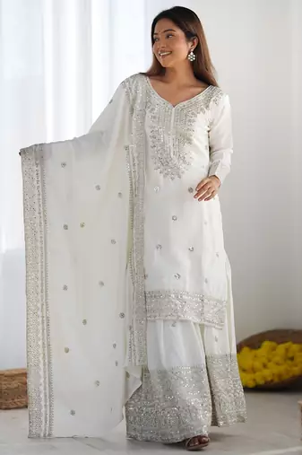Heavy chinon silk embroidery and sequence work white readymade salwar suit