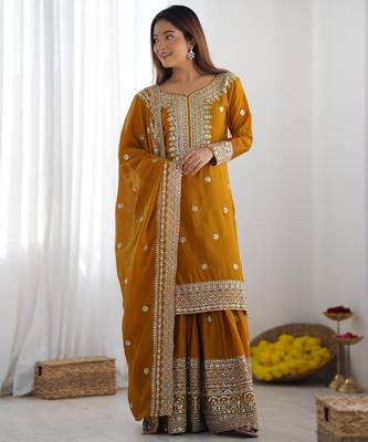 Heavy chinon silk embroidery and sequence work yellow readymade salwar suit 3