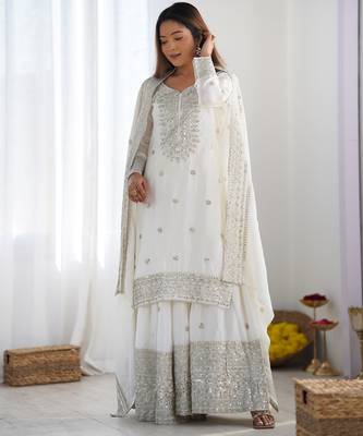 Heavy chinon silk embroidery and sequence work white readymade salwar suit 3