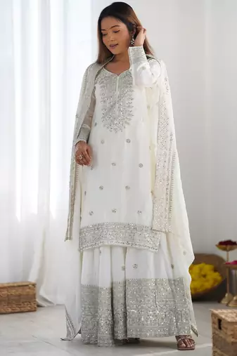 Heavy chinon silk embroidery and sequence work white readymade salwar suit