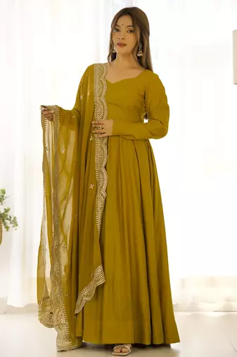 Premium chanderi silk emroidery sequence   work musturd readymade salwar suit