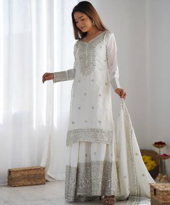 Heavy chinon silk embroidery and sequence work white readymade salwar suit 4
