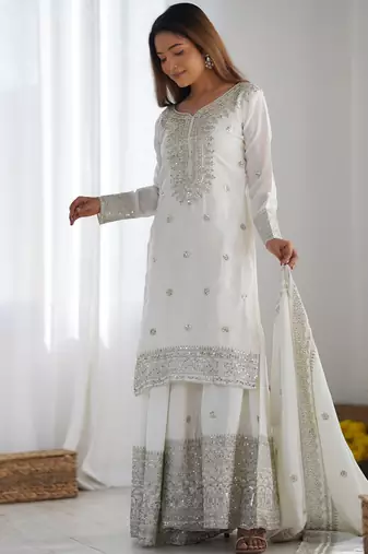 Heavy chinon silk embroidery and sequence work white readymade salwar suit