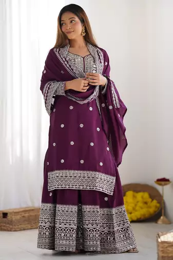 Heavy chinon silk embroidery and sequence work purple  readymade salwar suit