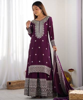 Heavy chinon silk embroidery and sequence work purple  readymade salwar suit 2
