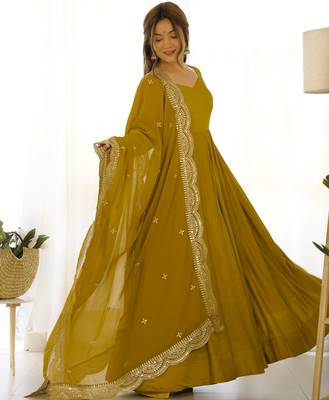 Premium chanderi silk emroidery sequence   work musturd readymade salwar suit 3