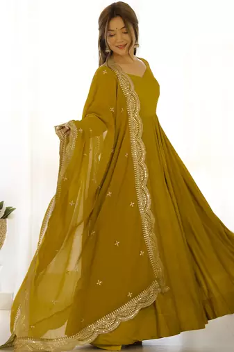 Premium chanderi silk emroidery sequence   work musturd readymade salwar suit