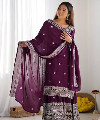Heavy chinon silk embroidery and sequence work purple  readymade salwar suit 3