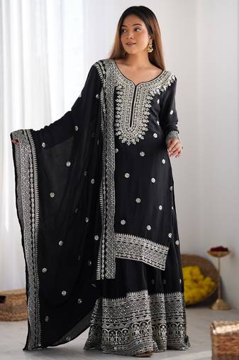 Heavy chinon silk embroidery and sequence work black  readymade salwar suit