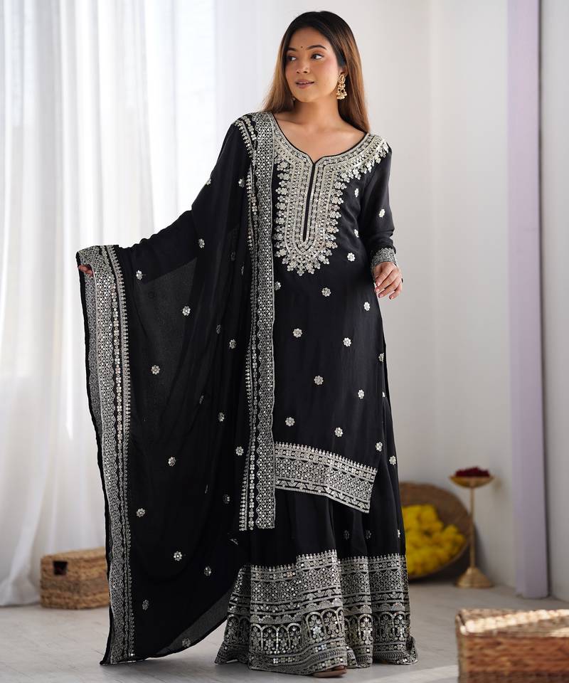 Heavy chinon silk embroidery and sequence work black  readymade salwar suit