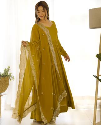 Premium chanderi silk emroidery sequence   work musturd readymade salwar suit 4