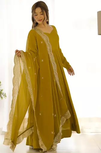 Premium chanderi silk emroidery sequence   work musturd readymade salwar suit