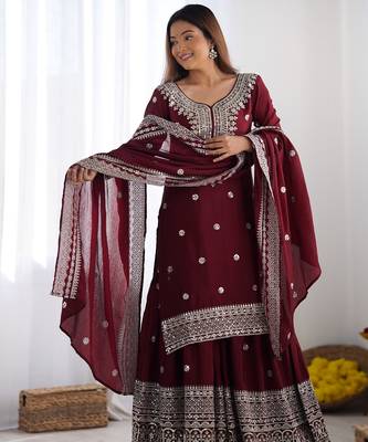 Heavy chinon silk embroidery and sequence work maroon  readymade salwar suit 2