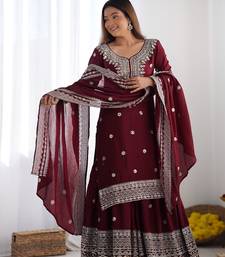 Heavy chinon silk embroidery and sequence work maroon  readymade salwar suit