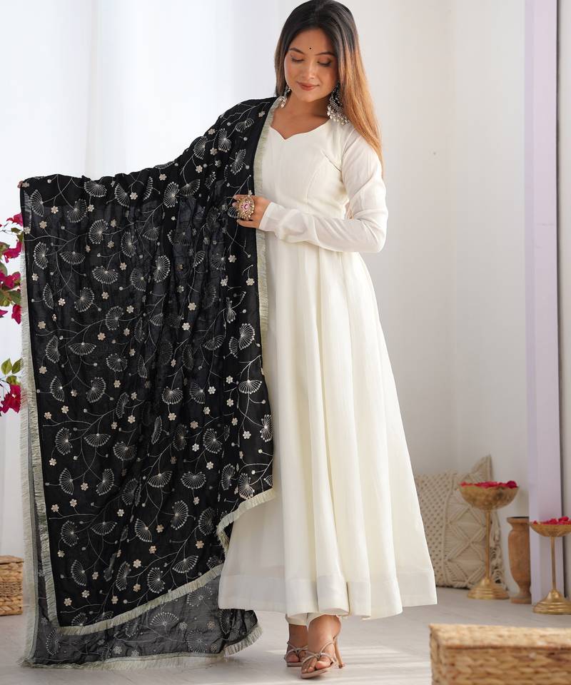 Trendy vichitra soft silk embroidery white salwar suit