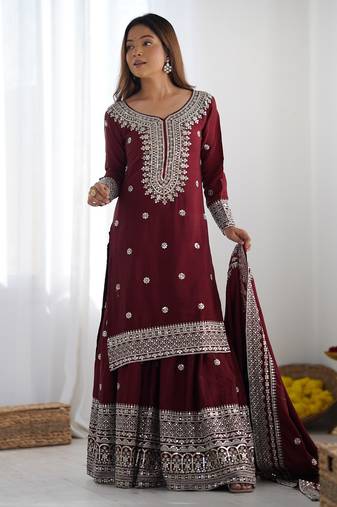 Heavy chinon silk embroidery and sequence work maroon  readymade salwar suit