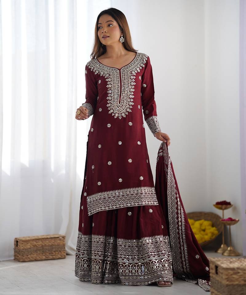 Heavy chinon silk embroidery and sequence work maroon  readymade salwar suit