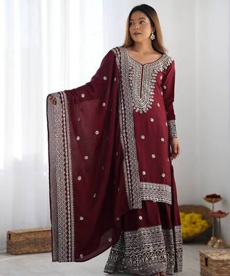 Heavy chinon silk embroidery and sequence work maroon  readymade salwar suit 3