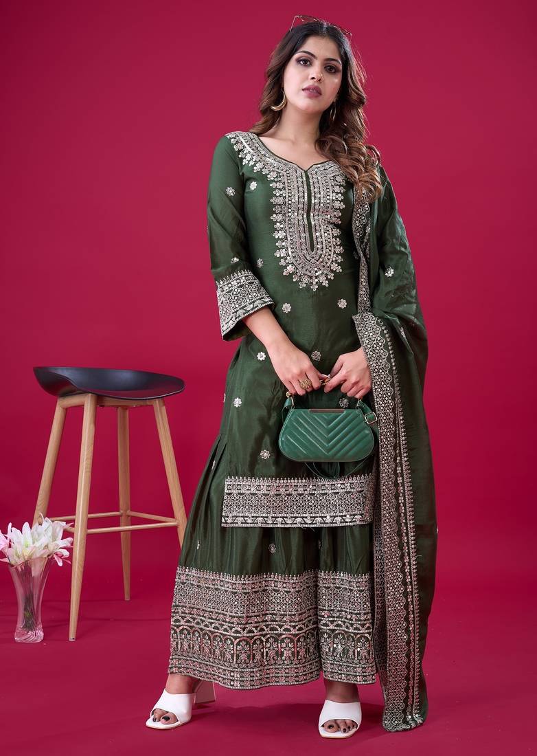 Heavy chinon silk embroidery and sequence work green  readymade salwar suit