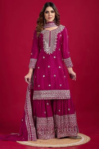 Heavy chinon silk embroidery and sequence work rani pink  readymade salwar suit