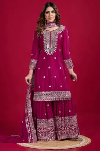 Heavy chinon silk embroidery and sequence work rani pink  readymade salwar suit