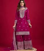 Heavy chinon silk embroidery and sequence work rani pink  readymade salwar suit