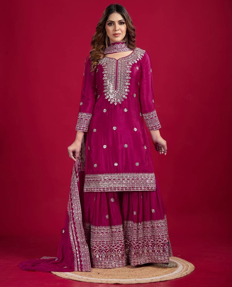 Heavy chinon silk embroidery and sequence work rani pink  readymade salwar suit