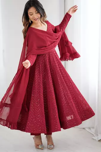 Designer georgette embroidery and lakhnowi sequence maroon readymade salwar suit