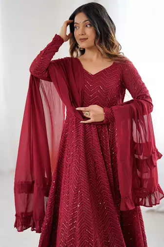 Designer georgette embroidery and lakhnowi sequence maroon readymade salwar suit