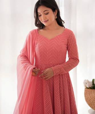 Designer georgette embroidery and lakhnowi sequence peach readymade salwar suit 3