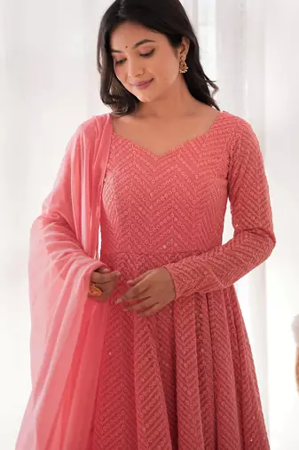 Designer georgette embroidery and lakhnowi sequence peach readymade salwar suit