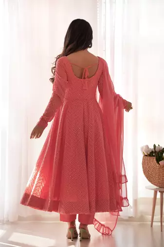 Designer georgette embroidery and lakhnowi sequence peach readymade salwar suit
