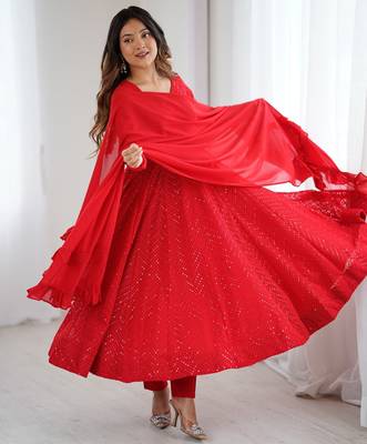 Designer georgette embroidery and lakhnowi sequence red readymade salwar suit 2