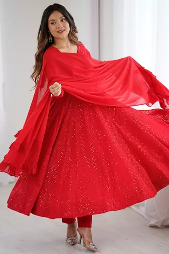 Designer georgette embroidery and lakhnowi sequence red readymade salwar suit