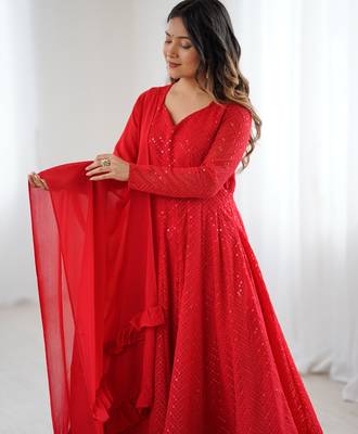 Designer georgette embroidery and lakhnowi sequence red readymade salwar suit 3